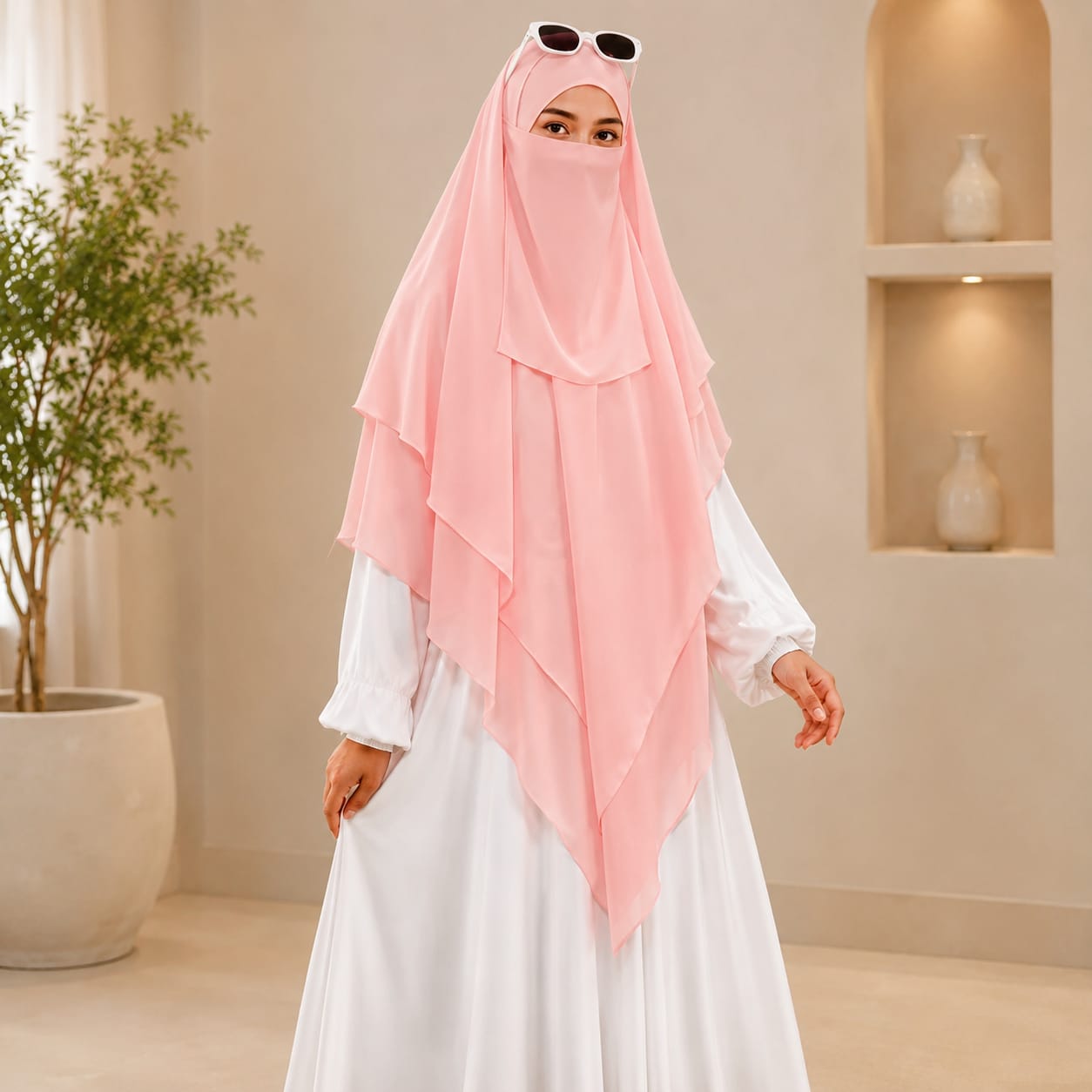 Double Layer Khimar - Light Pink