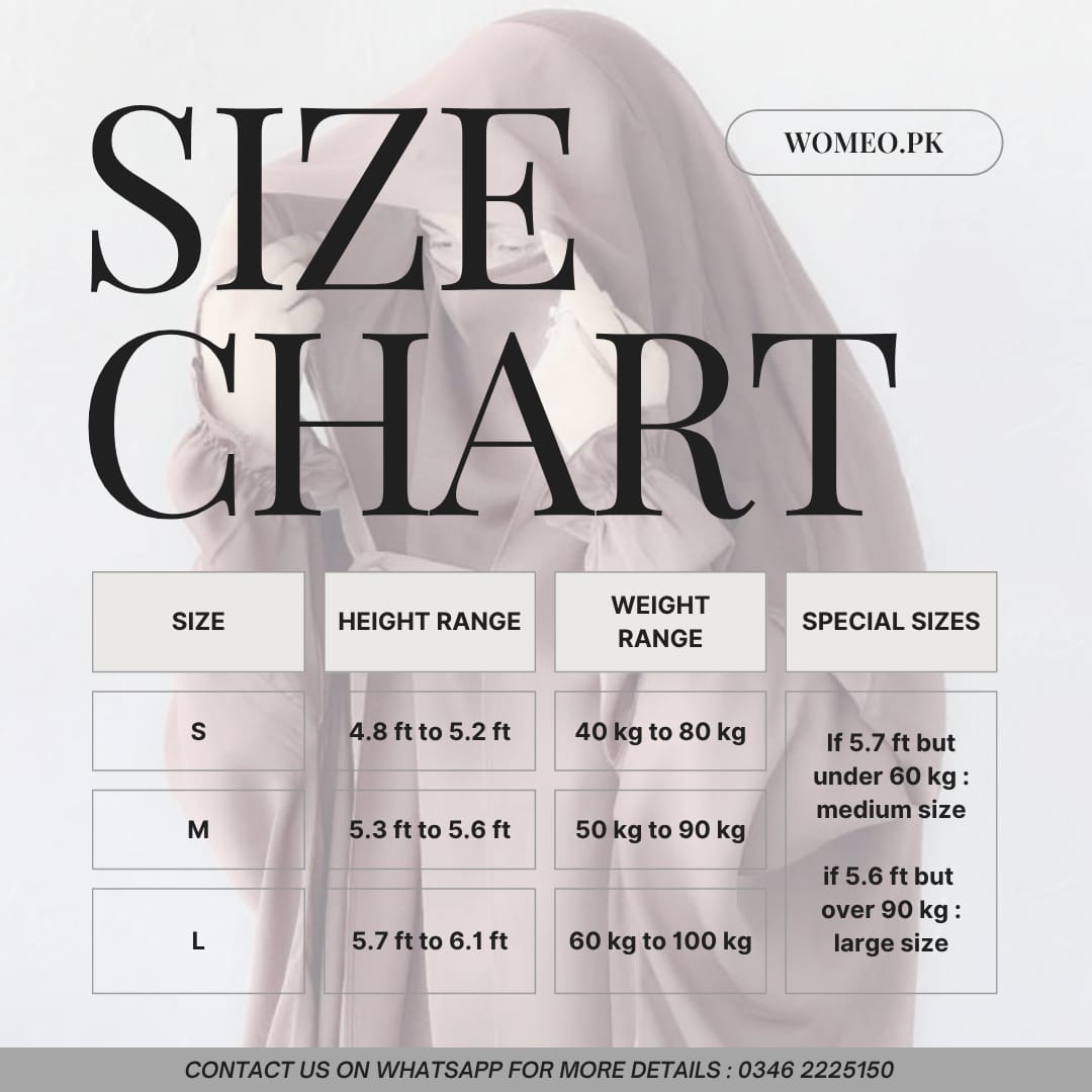 Size chart for a garment with measurements in height, weight, and special sizes.